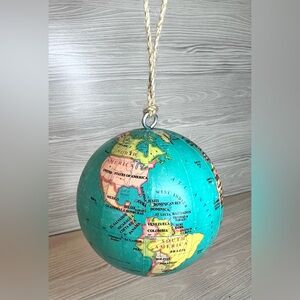 Turquoise and Yellow Hanging Globe Ornament - World Map Decor